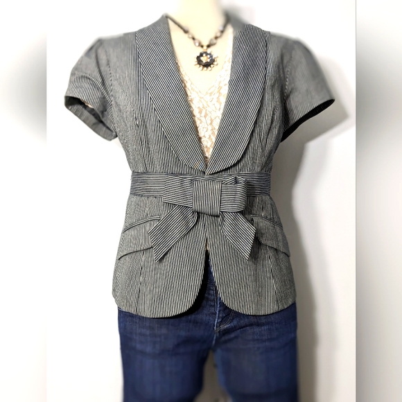 SMART SET Black & Grey Striped Short Sleeve Jacket Size 13 - Picture 1 of 15